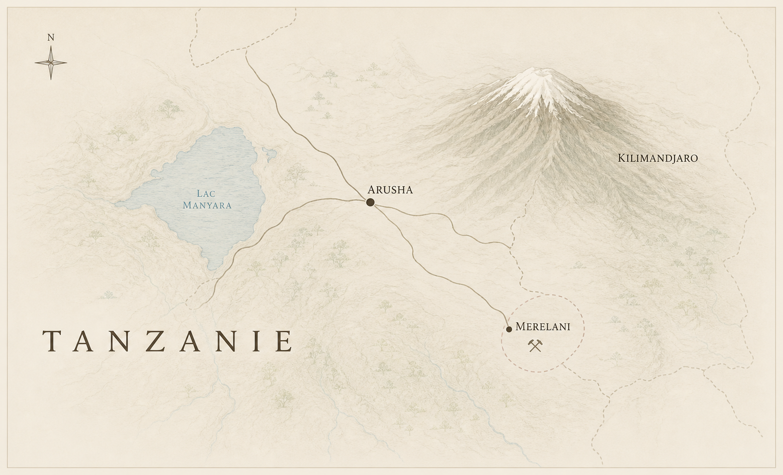 Carte éditoriale situant Merelani en Tanzanie, près d'Arusha et du Kilimandjaro