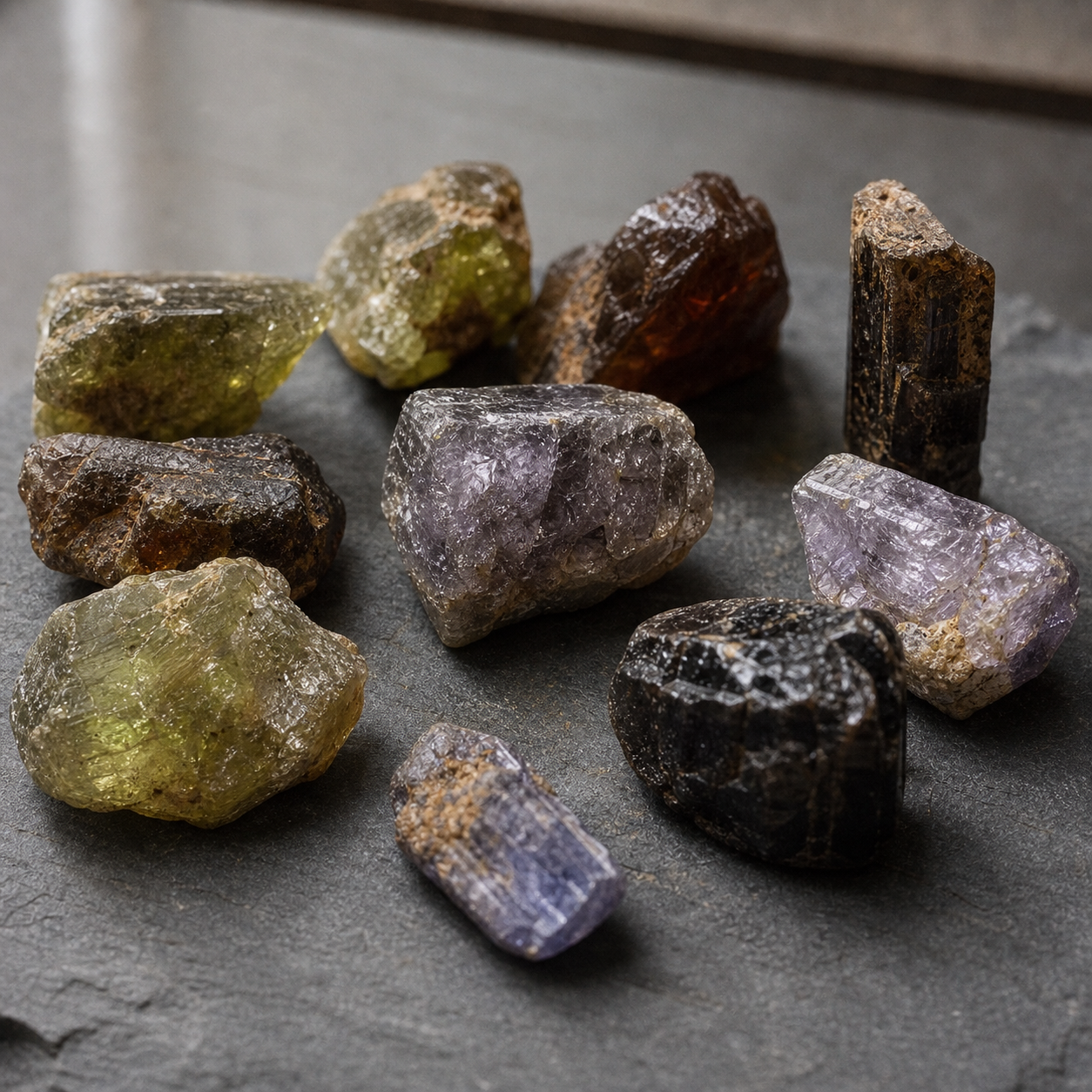 Tanzanite brute non chauffée avec tons jaunes, verts, marron, violets et presque noirs