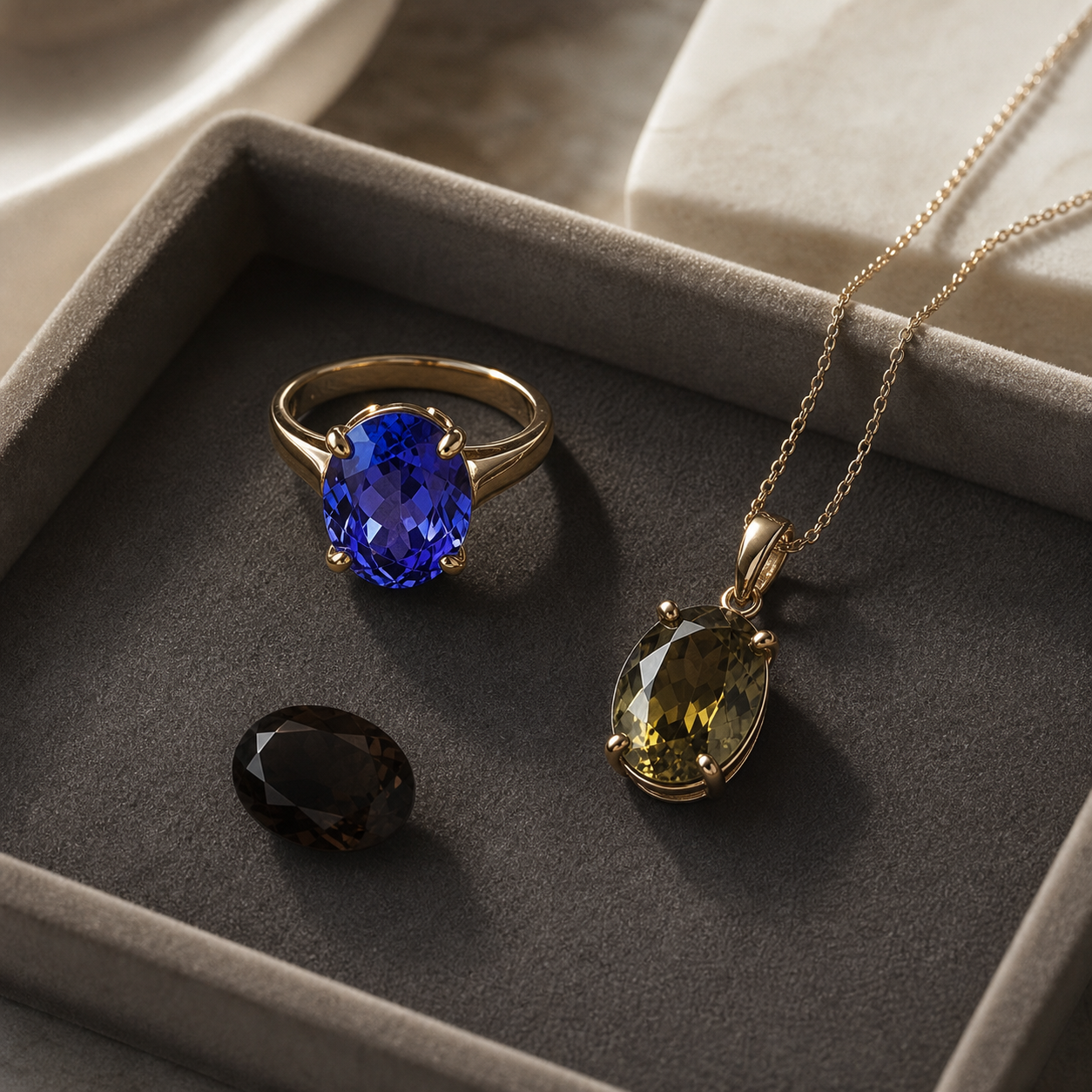 Bijoux sertis de tanzanites chauffées et non chauffées en mise en scène réaliste